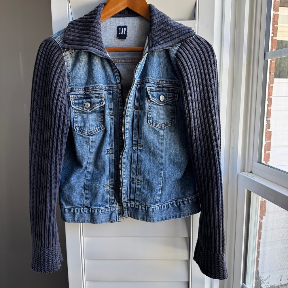 Vintage GAP Jean Jacket Womens M Blue Knit Sweater Sleeves Y2K Bohemian Grunge - Picture 8 of 12